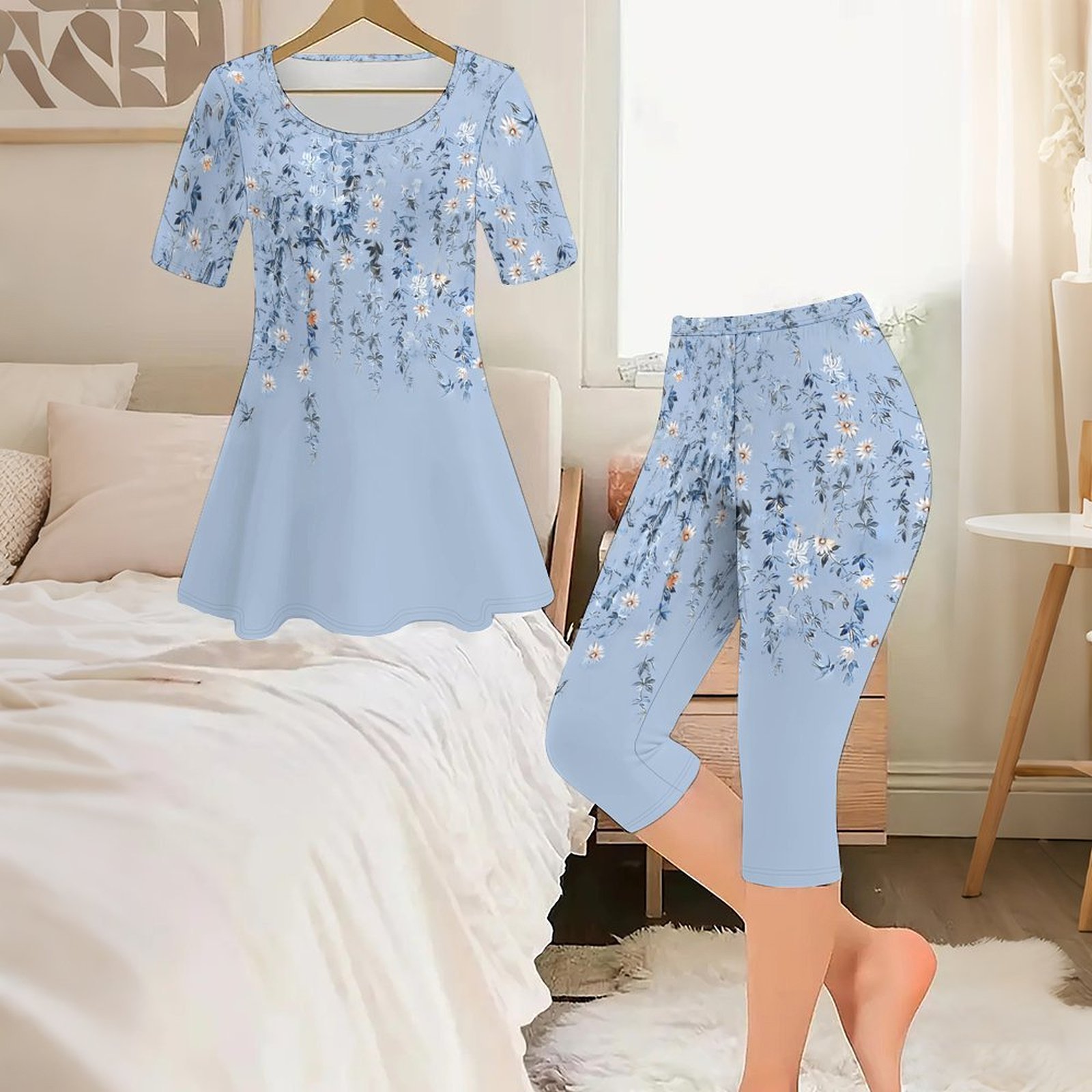 Romper Floral Print - طقم من قطعتين بطباعة عتيقة للسيدات،