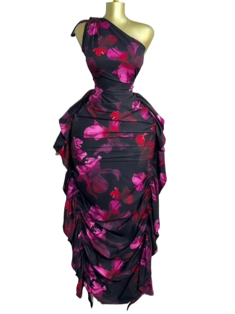 Midi Skirt Floral - المرأة الأزهار المطبوعة كتف واحد بلا